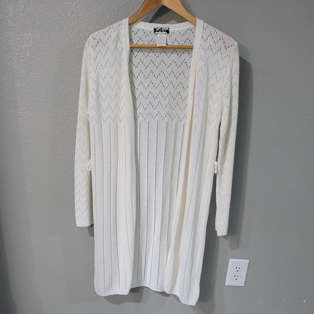 Pony Cream Open-Front Pointelle Long Cardigan